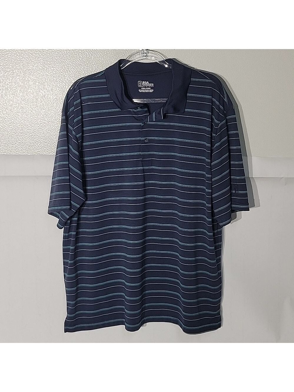 PGA Tour Men’s Golf Polo Navy Blue Striped Shirt, Size Large